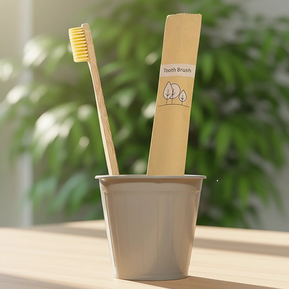 Cepillo dental de bambú utilizado para la higiene bucal natural, alternativa sostenible para el cuidado diario, presentado en un entorno minimalista y vegetal.