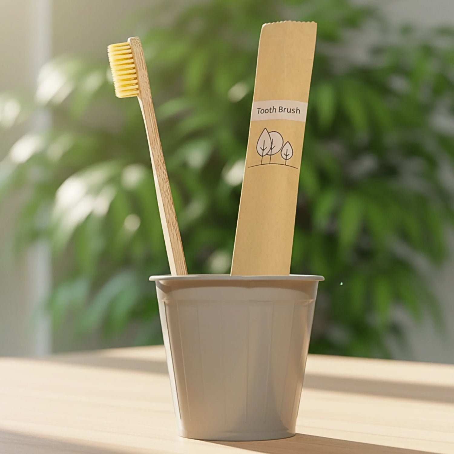 Cepillo dental de bambú utilizado para la higiene bucal natural, alternativa sostenible para el cuidado diario, presentado en un entorno minimalista y vegetal.