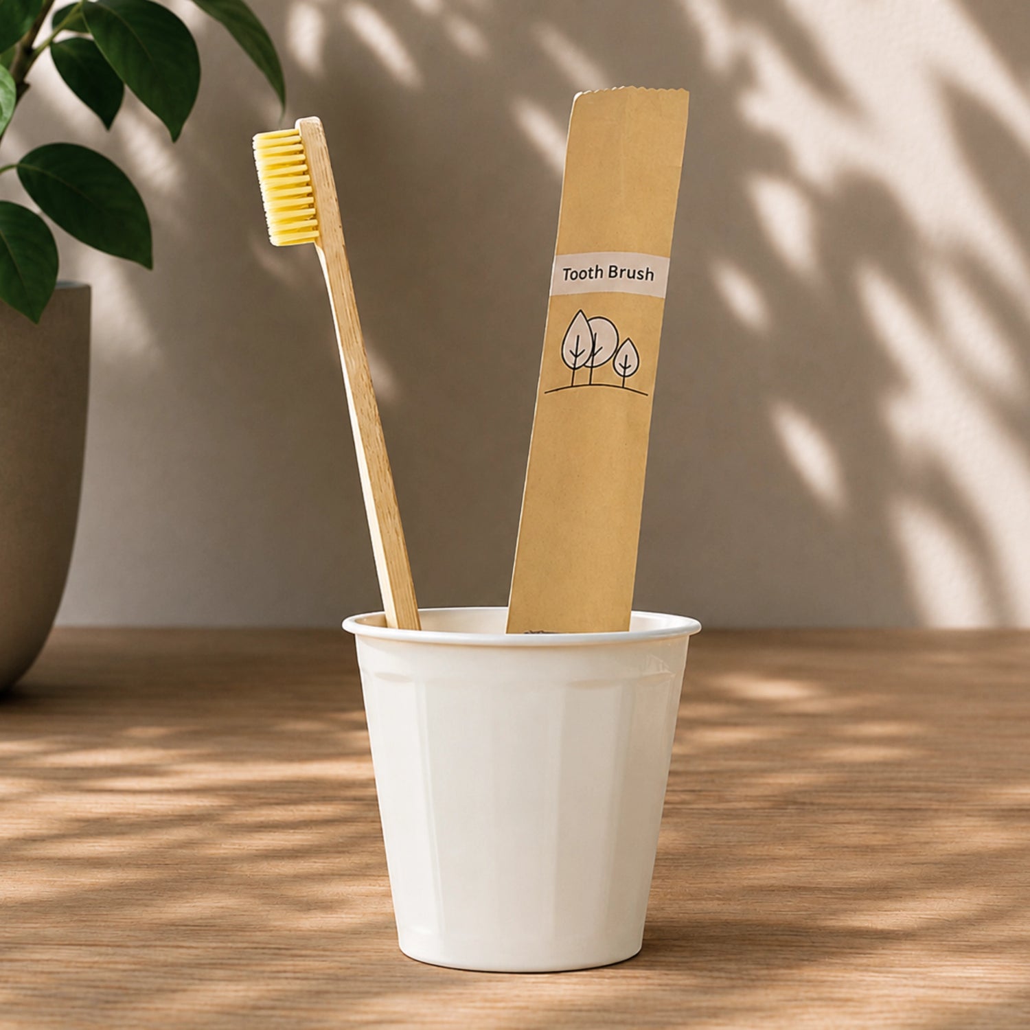 Cepillo dental de bambú utilizado para la higiene bucal natural, alternativa sostenible para el cuidado diario, presentado en un entorno minimalista y vegetal.