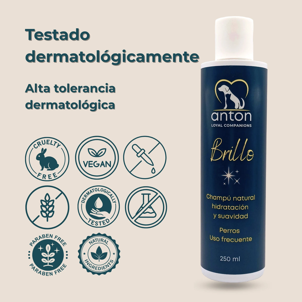 Botella del champú ANTON Brillo con sellos cruelty free, vegano, dermatológicamente testado y sin parabenos.