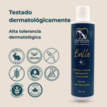 Botella del champú ANTON Brillo con sellos cruelty free, vegano, dermatológicamente testado y sin parabenos.