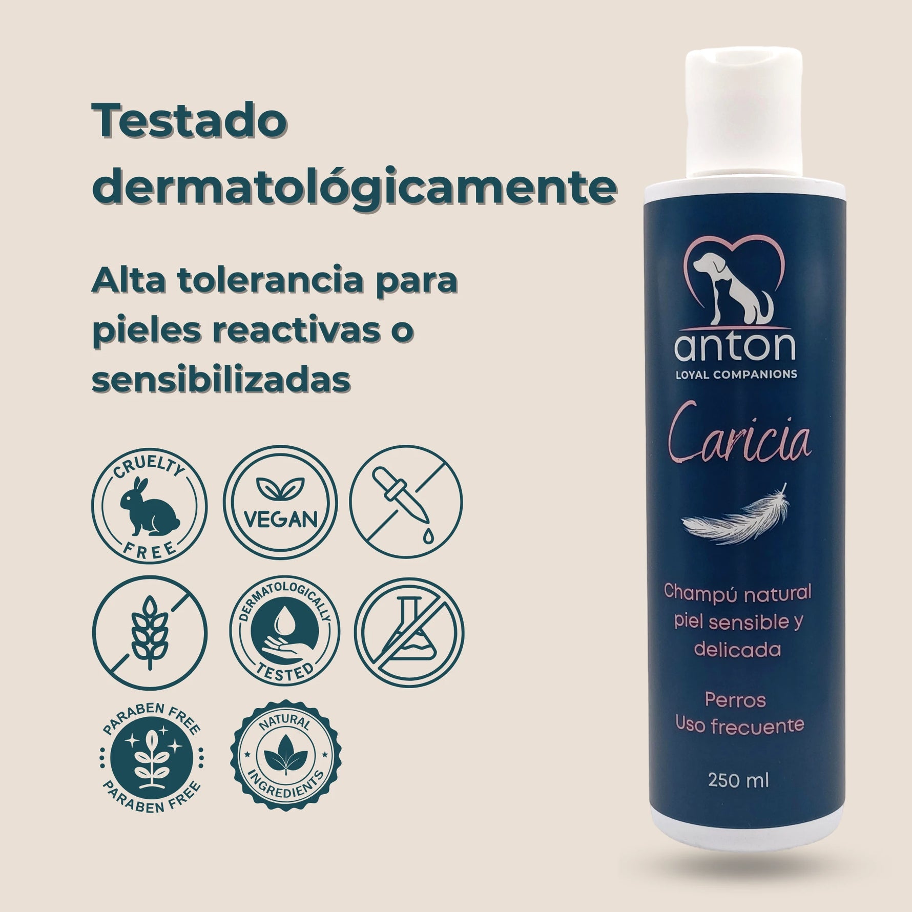 Botella Champú Caricia con sellos Cruelty Free, Vegano y Natural Ingredients