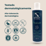 Botella del champú ANTON Frescura con sellos cruelty free, vegano, dermatológicamente testado y sin parabenos.