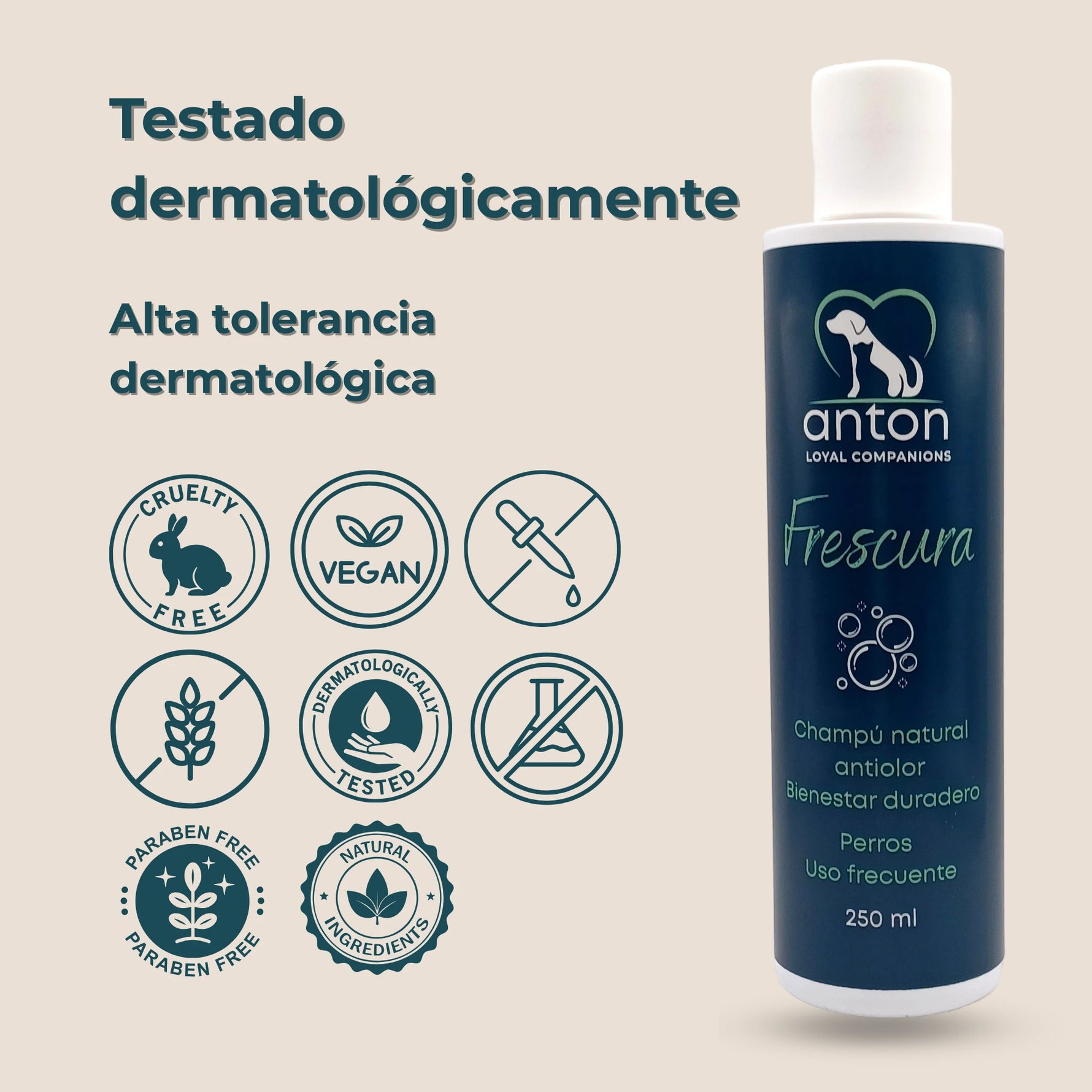 Botella del champú ANTON Frescura con sellos cruelty free, vegano, dermatológicamente testado y sin parabenos.