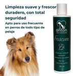 Perro de pelo largo junto al champú “Frescura” ANTON, ideal para uso frecuente