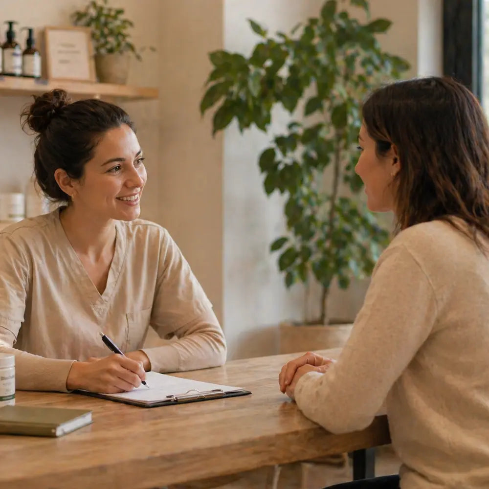 Conversación entre profesional y cliente en entorno tranquilo sin presión comercial