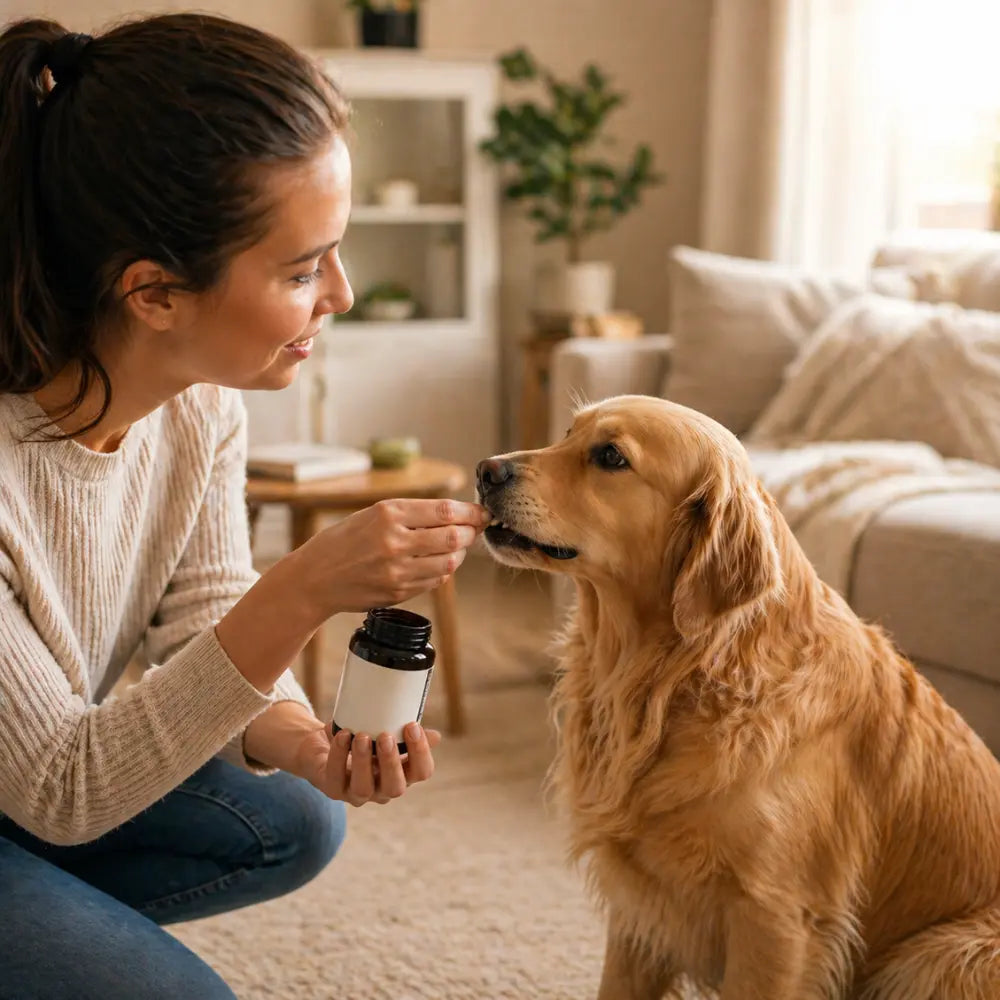 Persona cuidando a su perro en casa con rutina natural de bienestar y seguimiento