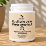 Suplemento natural para perros y gatos Equilibrio de la Flora Intestinal con probióticos, prebióticos y postbióticos en polvo 100 g de ANTON Loyal Companions sobre fondo natural de madera.