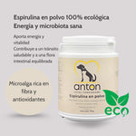 Suplemento ANTON espirulina en polvo 100% ecológica, microalga rica en fibra y antioxidantes para energía y flora intestinal sana