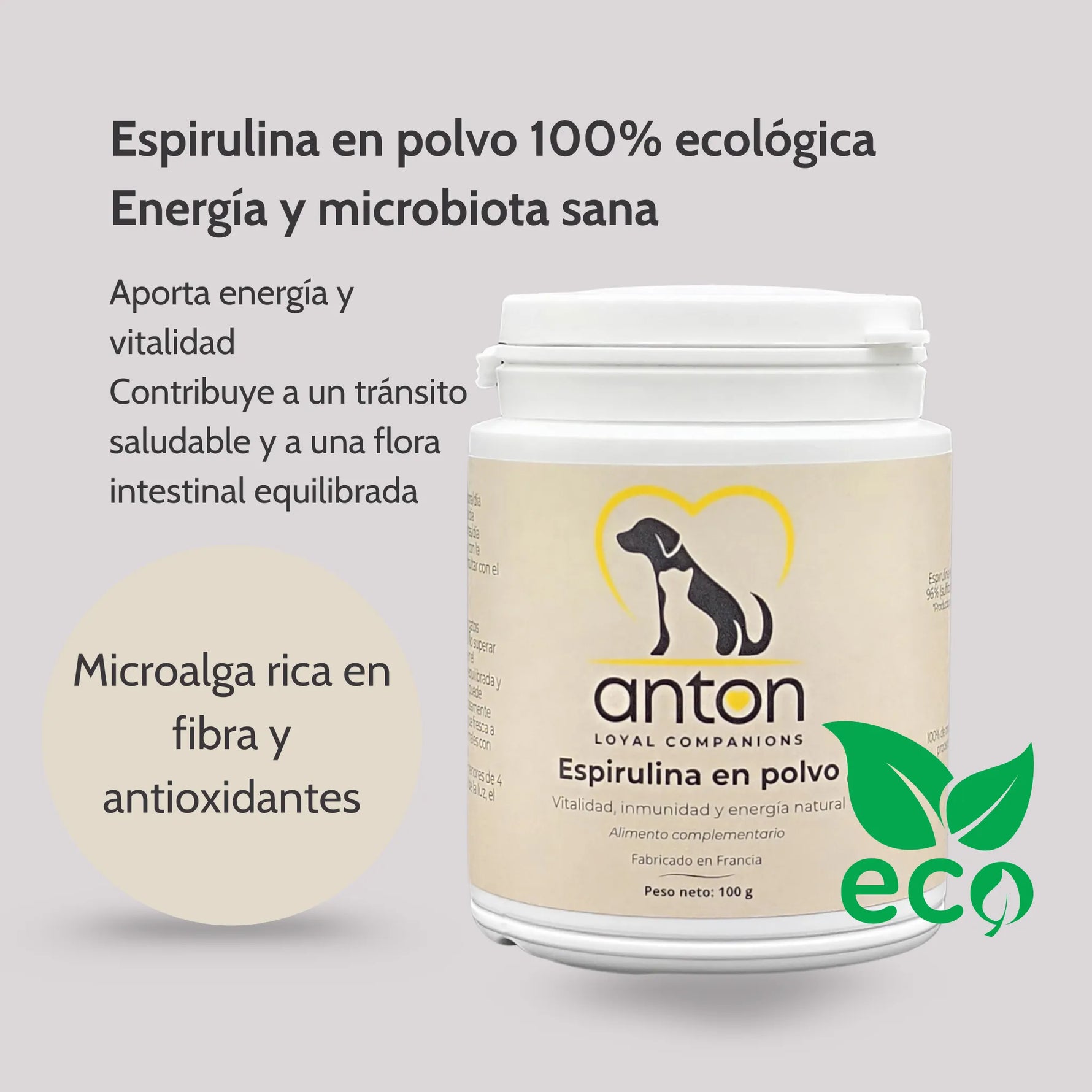 Suplemento ANTON espirulina en polvo 100% ecológica, microalga rica en fibra y antioxidantes para energía y flora intestinal sana