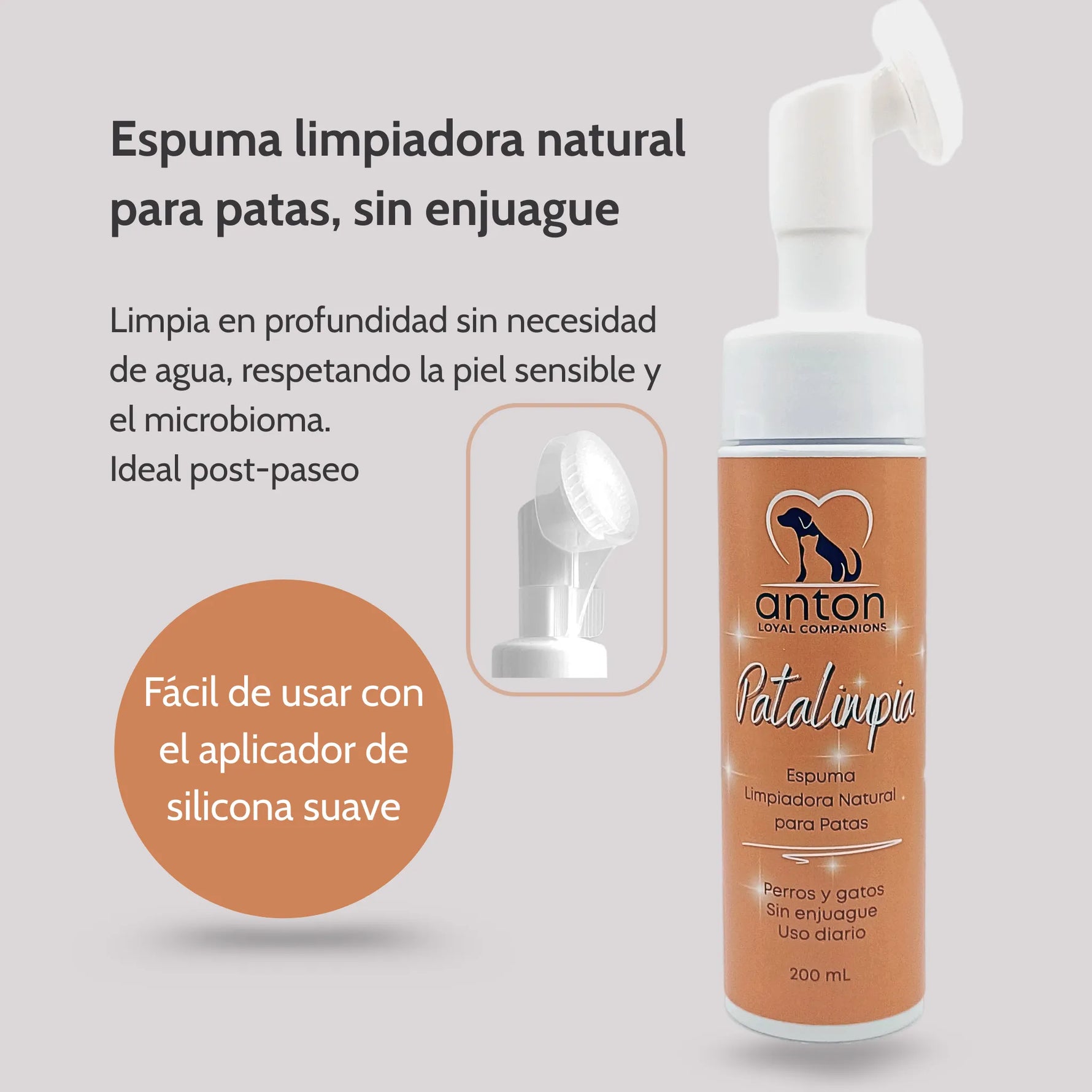Espuma limpiadora ANTON Patalimpia para patas de perros y gatos, respeta la piel sensible y el microbioma, con aplicador de silicona suave