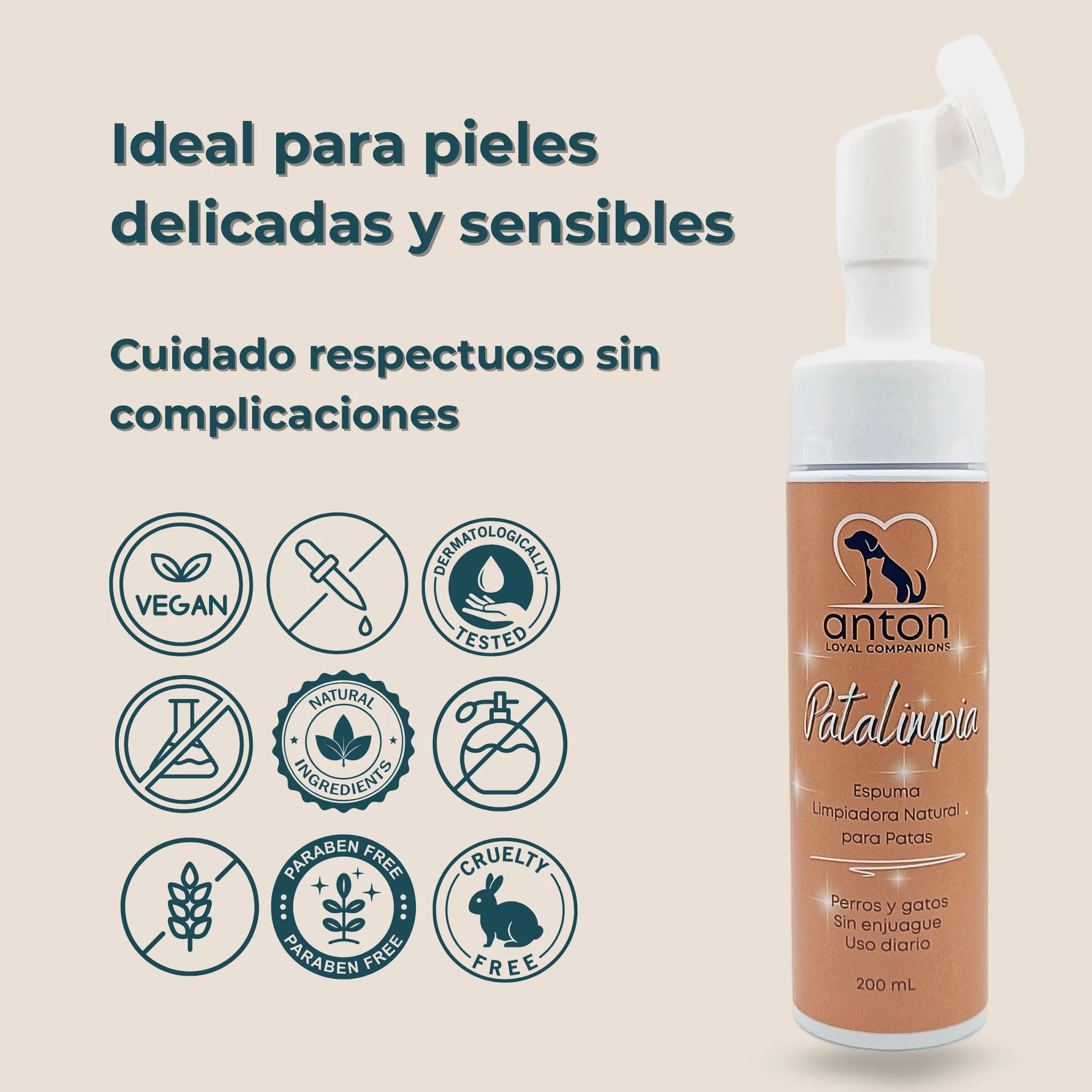 Espuma Patalimpia ANTON Loyal Companions ideal para piel delicada de perros y gatos, cuidado respetuoso dermatológicamente testado