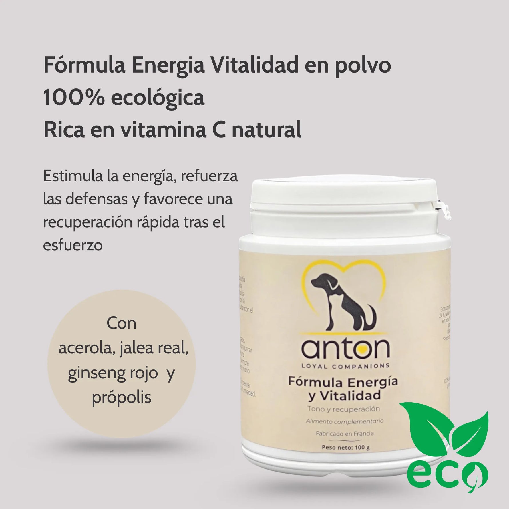 Suplemento ANTON Energía y Vitalidad ecológico en polvo con acerola, jalea real, ginseng rojo y propóleo, estimula energía y defensas