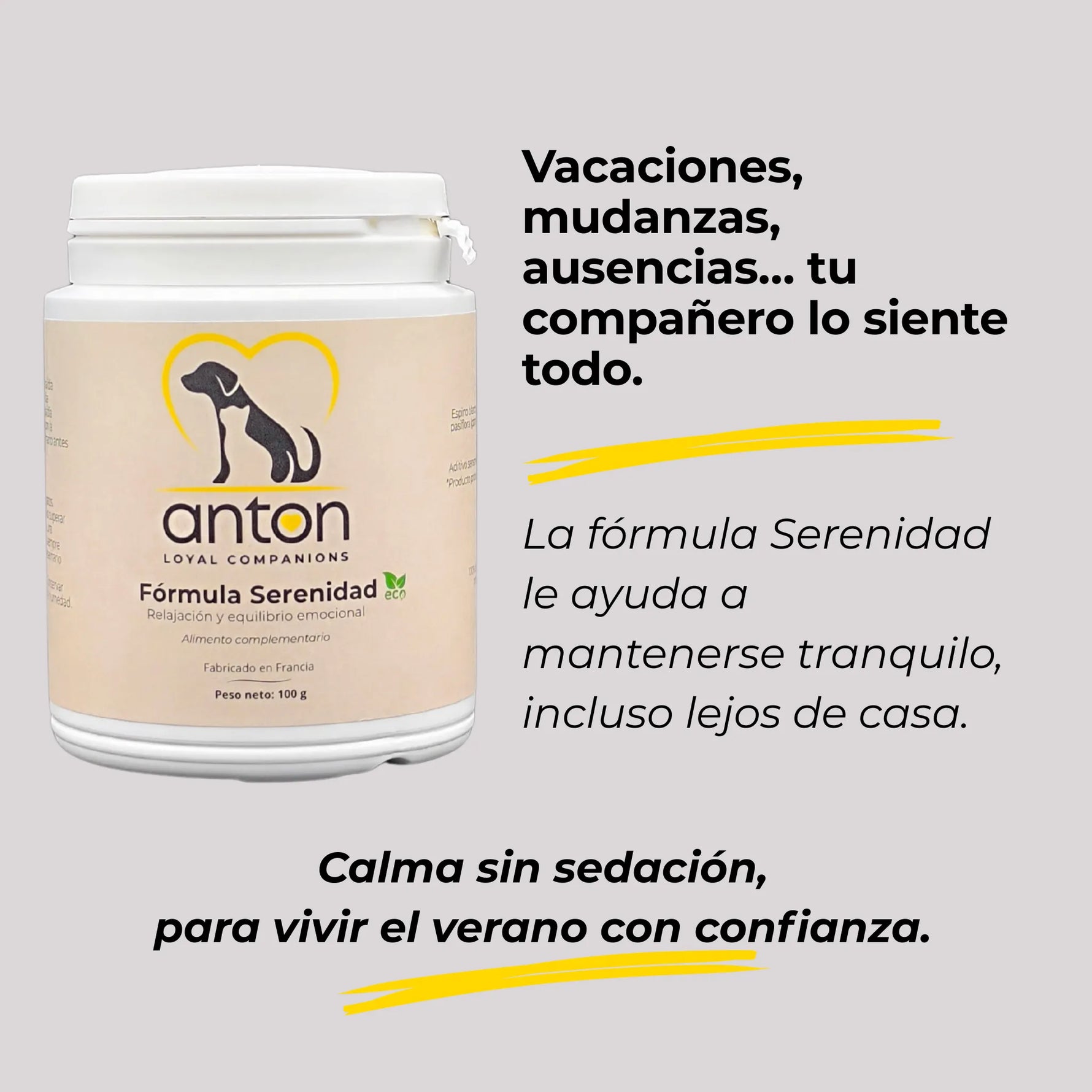 Suplemento ANTON Serenidad en polvo 100% ecológico, ayuda a mantener la calma en vacaciones, mudanzas o ausencias