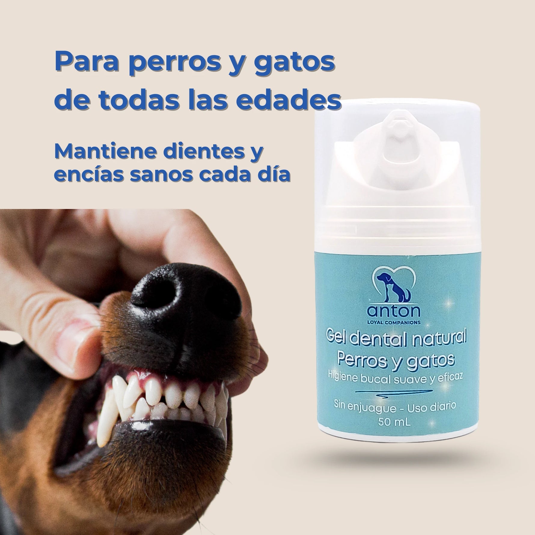 Perro mostrando dientes limpios junto al gel dental ANTON de uso diario