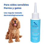 Perro junto al limpiador ANTON oídos sensibles, uso frecuente y pH equilibrado