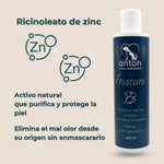 Fórmula del champú natural ANTON Frescura con ricinoleato de zinc, activo natural que purifica y protege la piel.