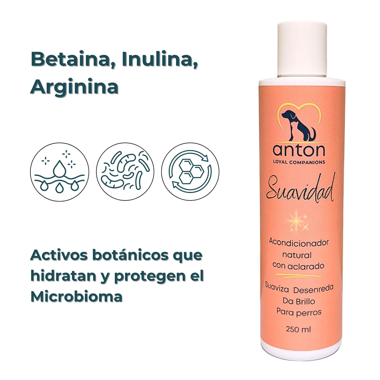 Botella del acondicionador ANTON con pictogramas de ingredientes botánicos que protegen el microbioma