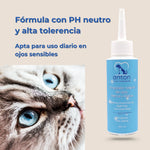 Gato con ojos azules recibiendo cuidado ocular con limpiador natural de PH neutro