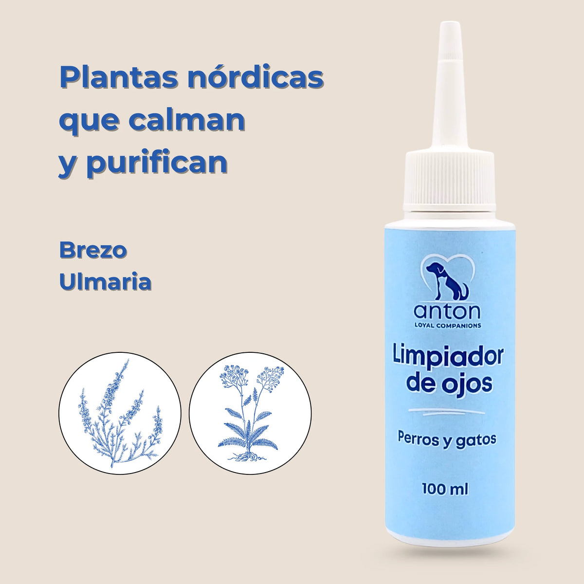 Limpiador de ojos Anton Loyal Companions para perros y gatos, con plantas nórdicas como brezo y ulmaria, acción calmante y purificante para la higiene ocular diaria.