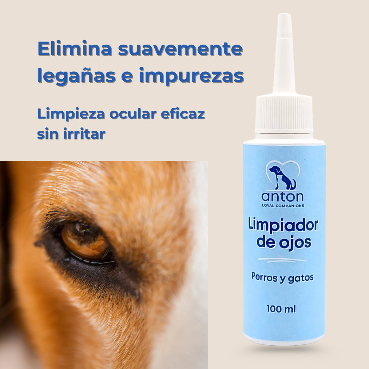 Limpiador de ojos Anton Loyal Companions para perros y gatos, elimina suavemente legañas e impurezas, limpieza ocular eficaz sin irritar.