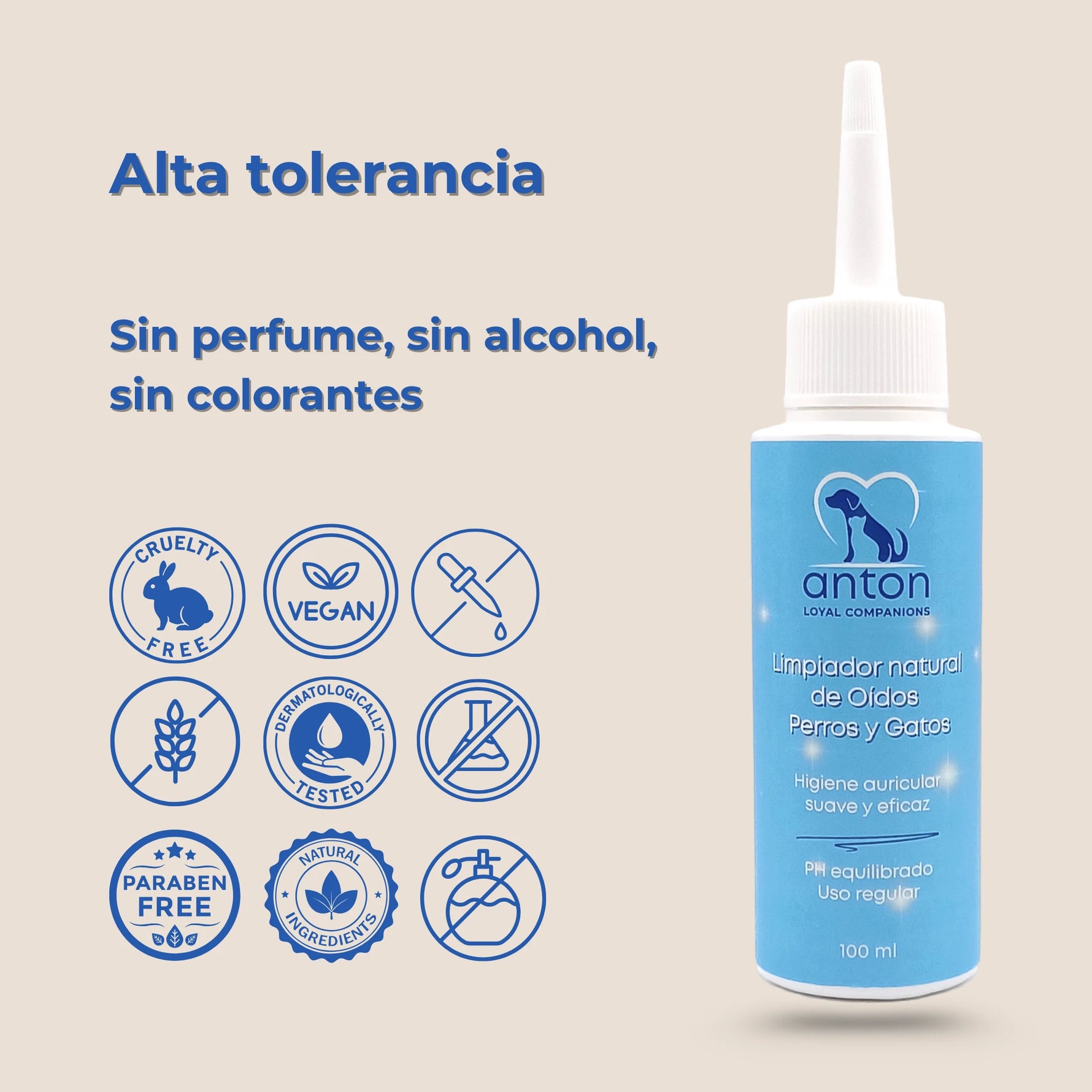 Envase limpiador de oídos perros y gatos con sellos cruelty free, vegano y sin parabenos