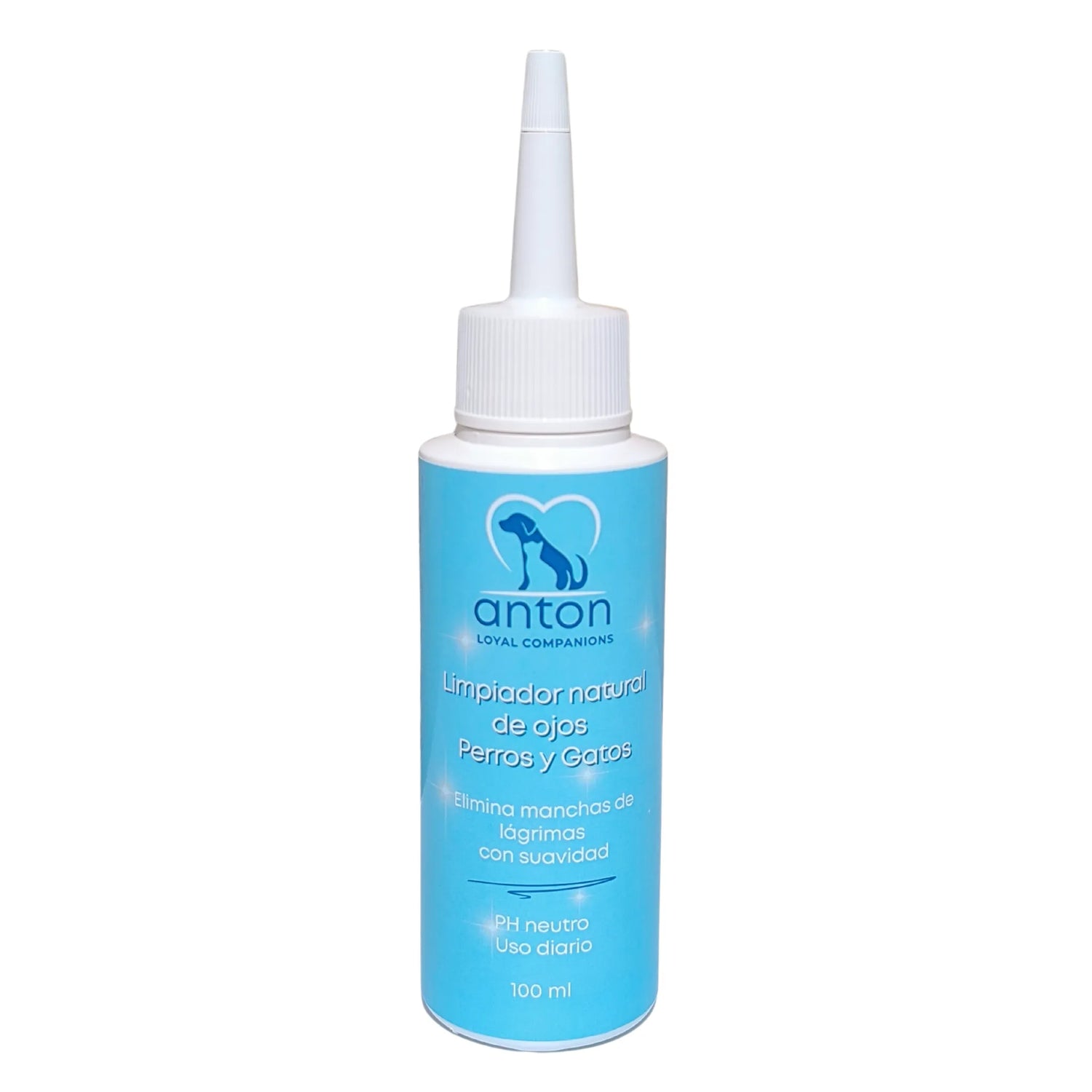 Frasco azul de 100 ml del limpiador ocular ANTON para perros y gatos