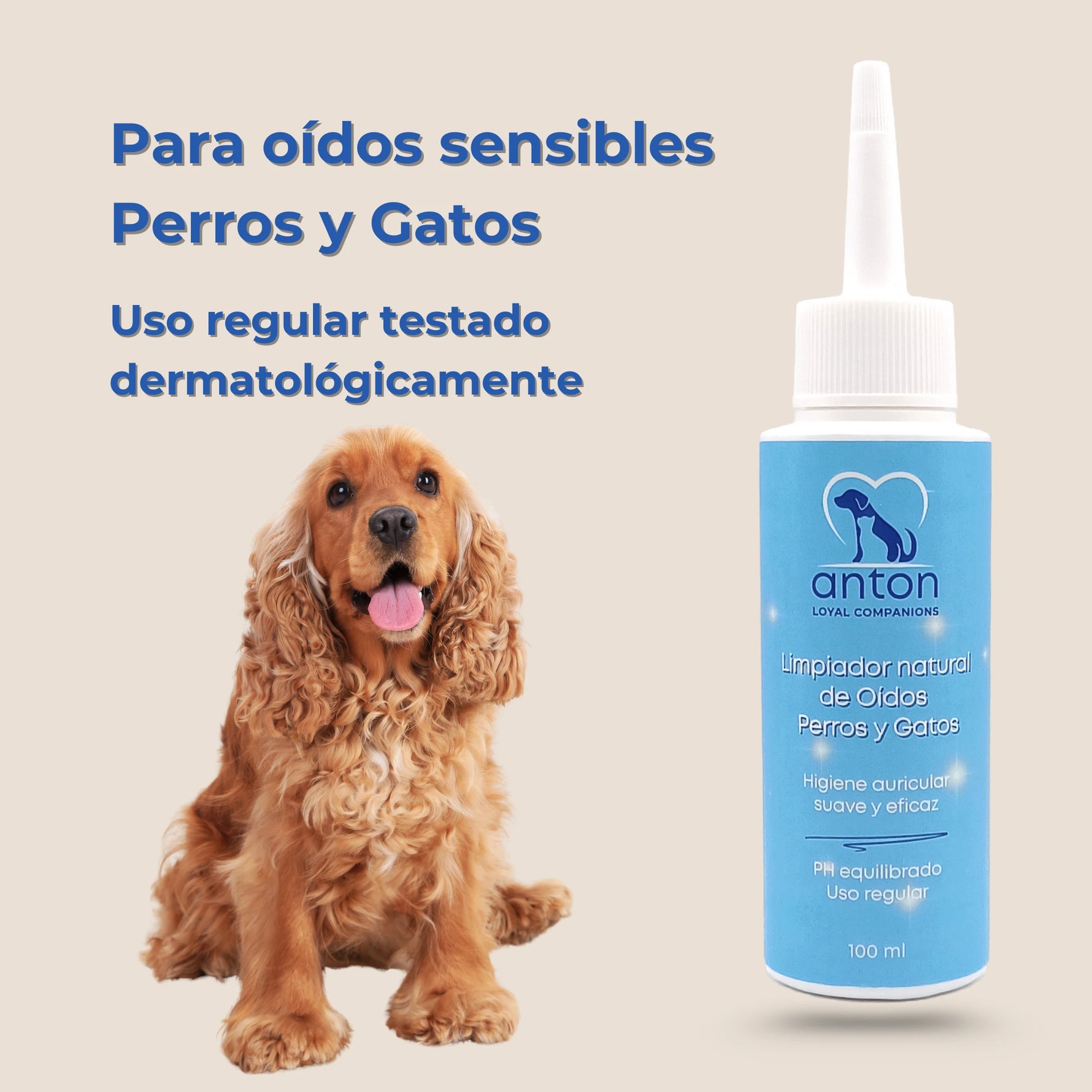 Perro cocker spaniel junto al limpiador de oídos testado dermatológicamente para uso regular