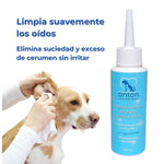 Aplicación del limpiador natural de oídos ANTON en perro, elimina el cerumen sin dañar
