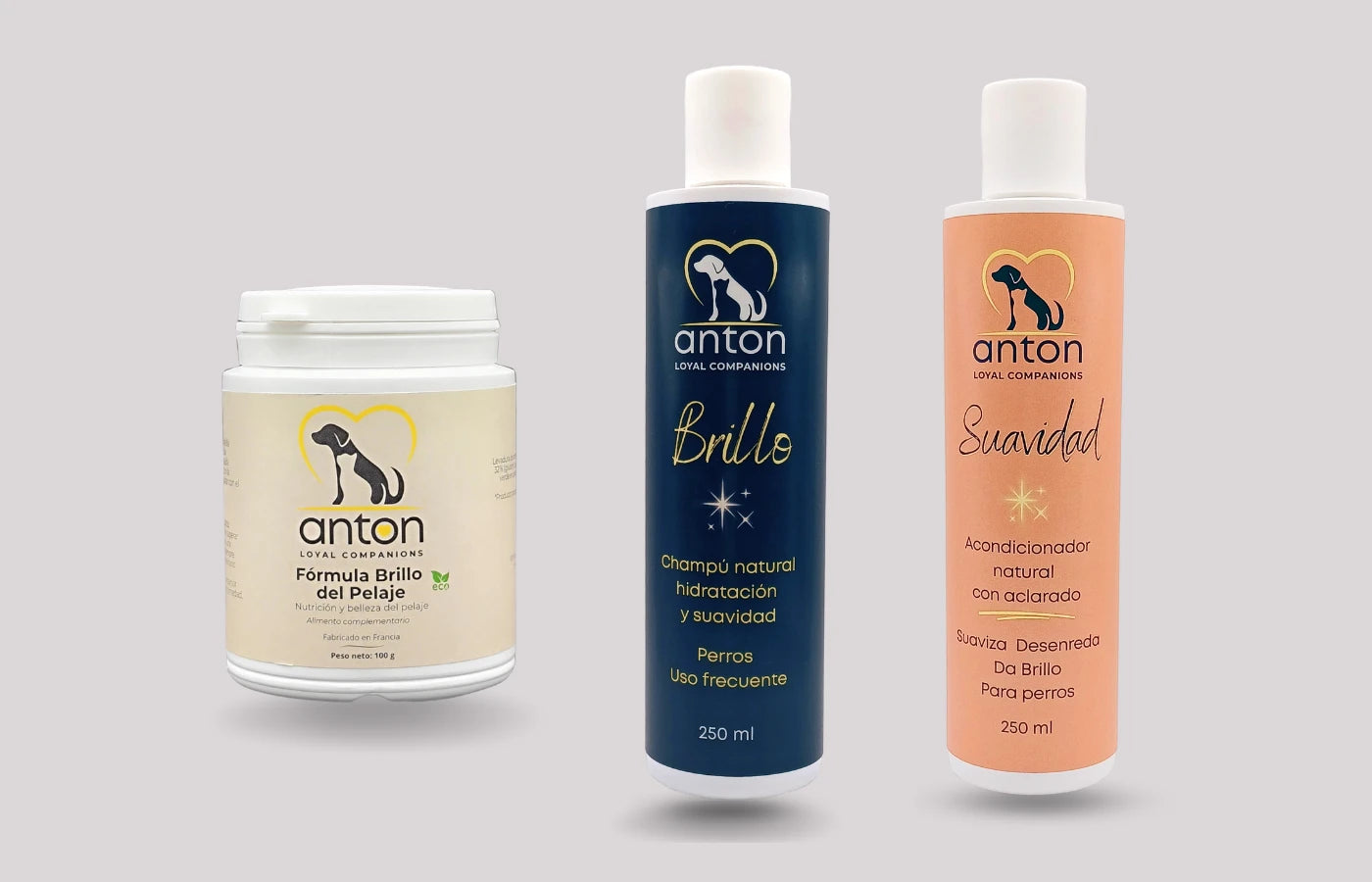 Kit natural para perros: champú brillo, acondicionador suavidad y suplemento ecológico para pelaje radiante.