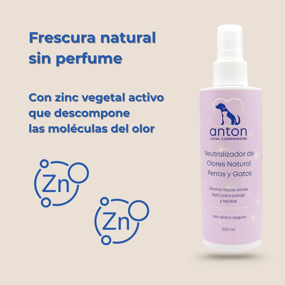 Spray neutralizador de olores natural con zinc vegetal que descompone moléculas del mal olor