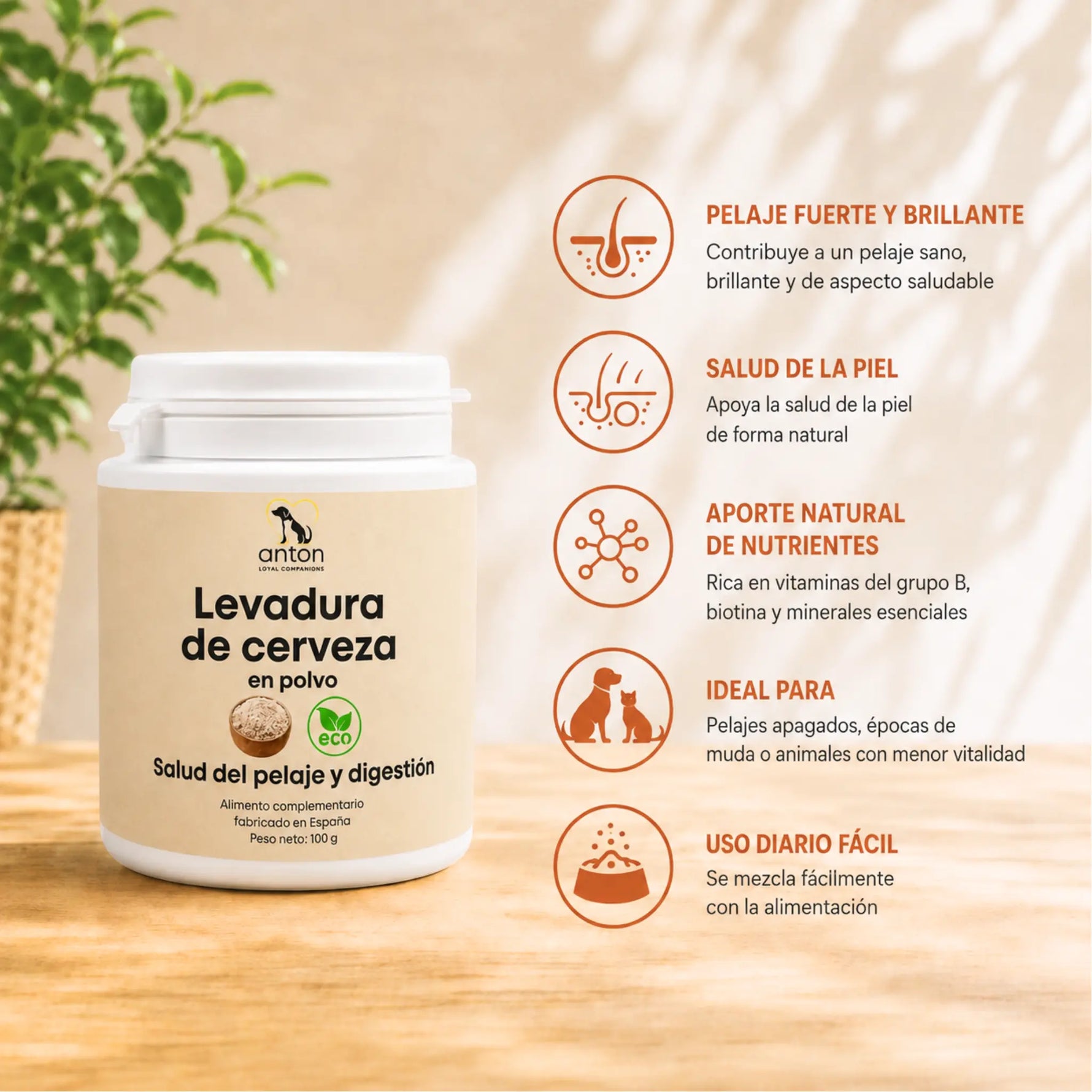 Levadura de cerveza BIO para perros y gatos, fuente natural de nutrientes para cuidar la piel y favorecer un pelaje fuerte y brillante.
