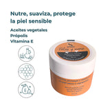 Bálsamo ANTON rodeado de iconos de ingredientes naturales como aceite vegetal, miel y vitamina E