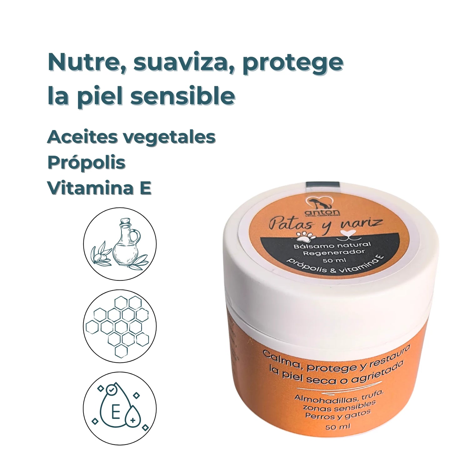 Bálsamo ANTON rodeado de iconos de ingredientes naturales como aceite vegetal, miel y vitamina E