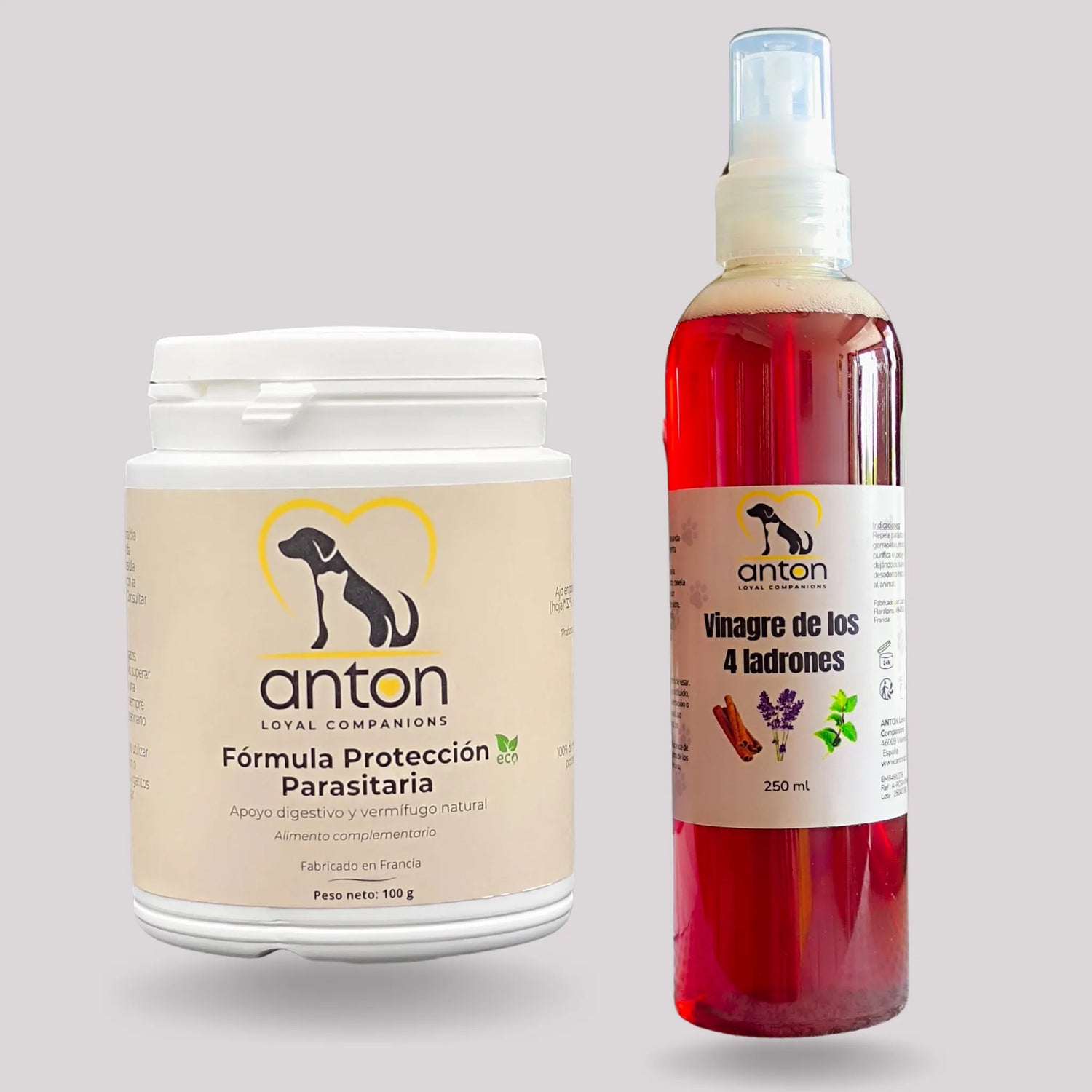 Lote ANTON con Fórmula Protección Parasitara ECO en polvo y vinagre natural de los 4 ladrones para perros y gatos
