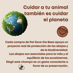 Ilustración del compromiso ambiental de Pet Save the Bees de Bee It, cada compra apoya la protección de las abejas y la biodiversidad, cuidado consciente de los animales y del planeta.