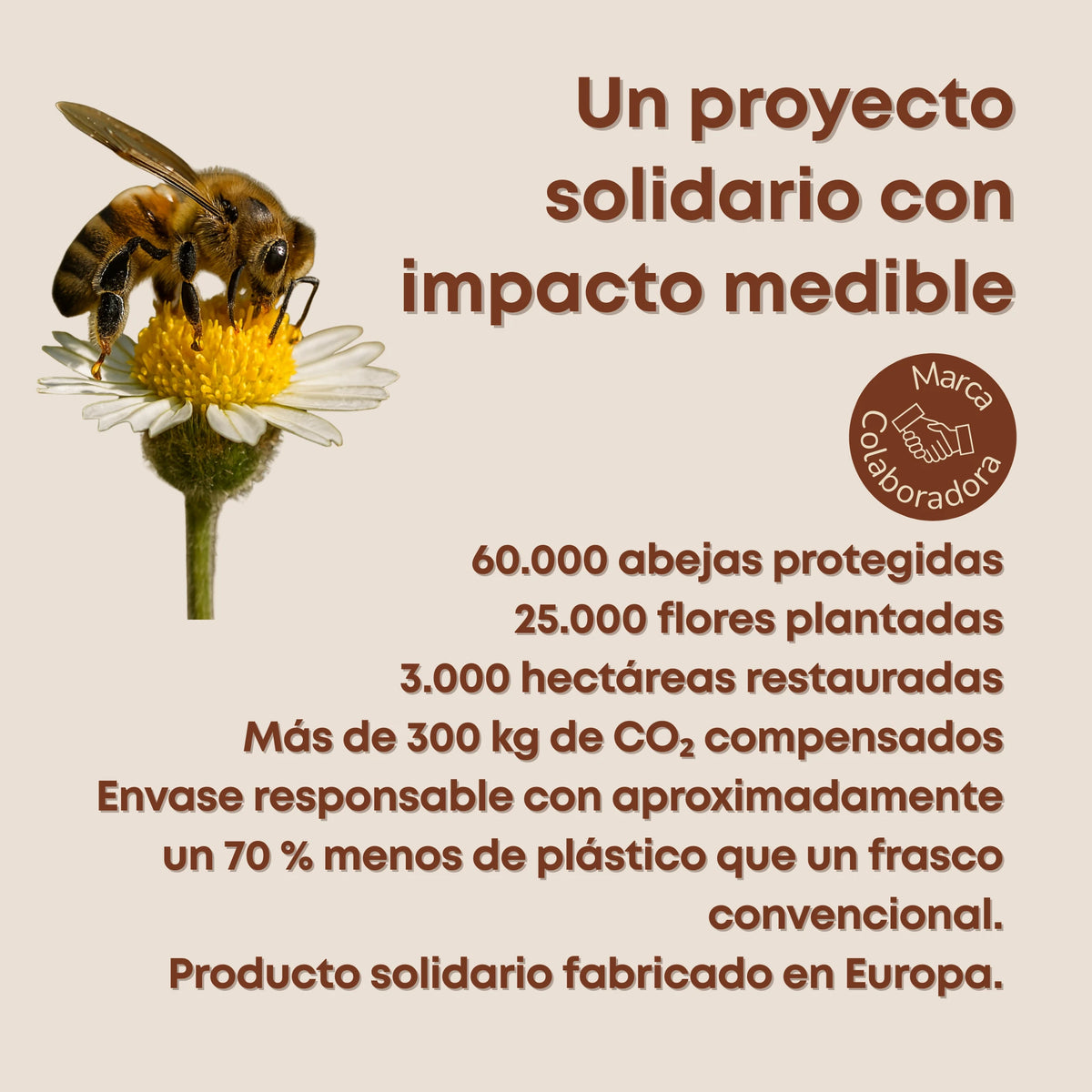Proyecto solidario Pet Save the Bees de Bee It con impacto medible en la biodiversidad, protección de abejas, reforestación, compensación de CO₂ y envase responsable con menor uso de plástico, fabricado en Europa.