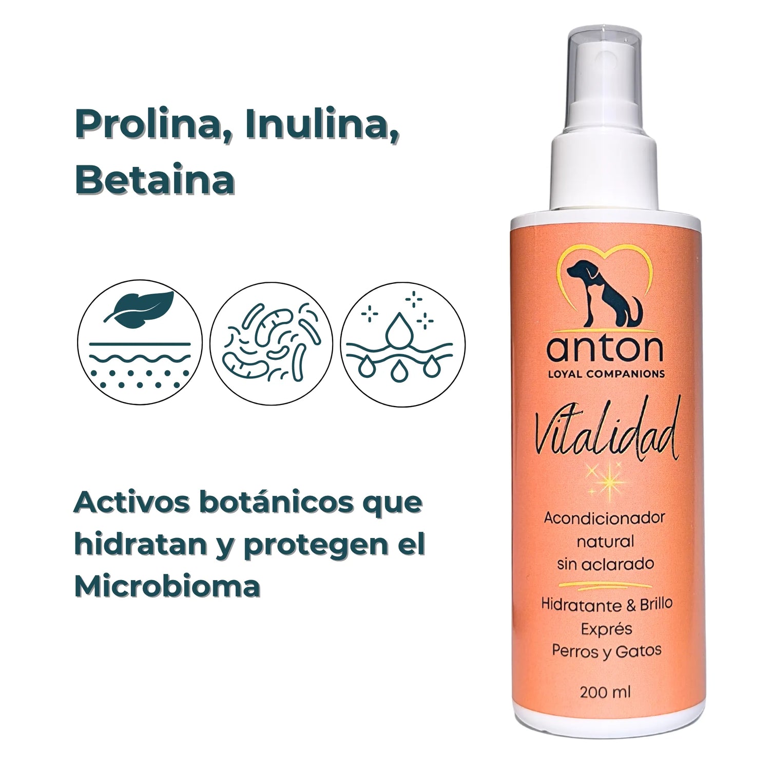 Spray “Vitalidad” de ANTON con pictogramas de ingredientes hidratantes y protectores del microbioma