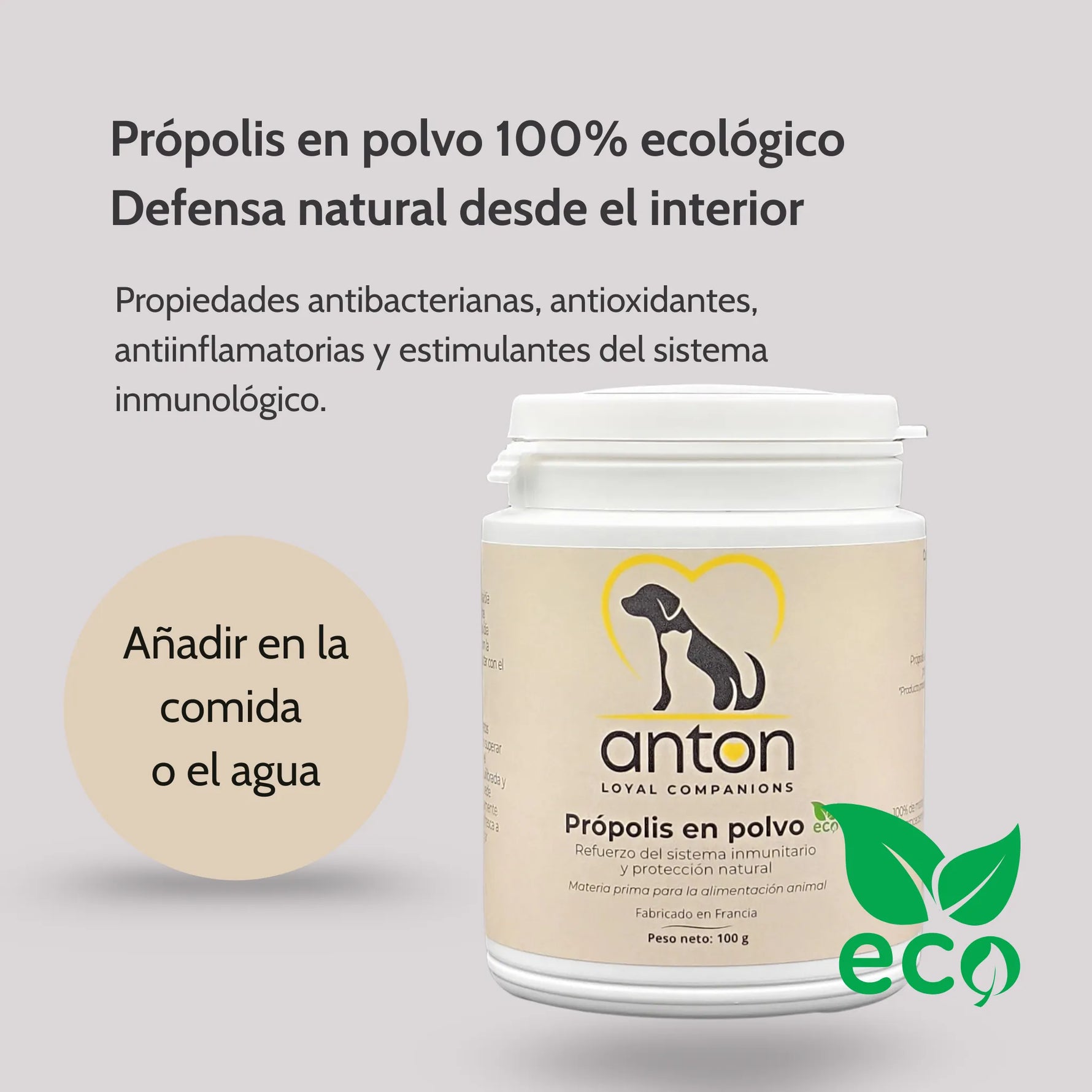 Suplemento ANTON propóleo en polvo 100% ecológico, propiedades antibacterianas y antioxidantes, refuerzo inmunitario