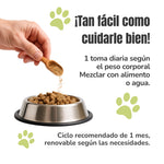 Modo de uso del suplemento natural Propóleo ECO para perros y gatos mezclado con alimento o agua, con administración diaria y ciclo recomendado de un mes.