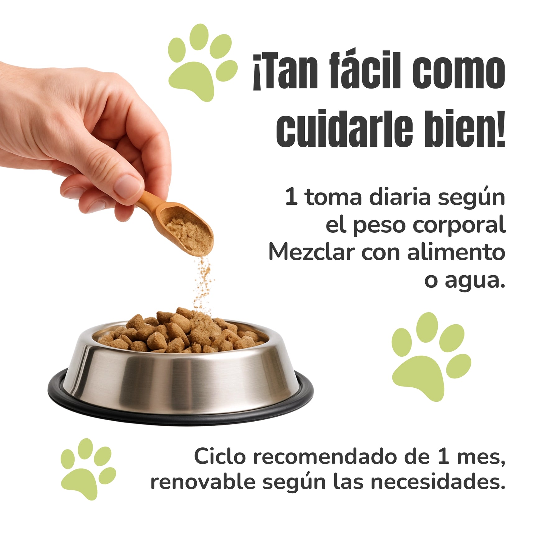 Modo de uso del suplemento natural Propóleo ECO para perros y gatos mezclado con alimento o agua, con administración diaria y ciclo recomendado de un mes.