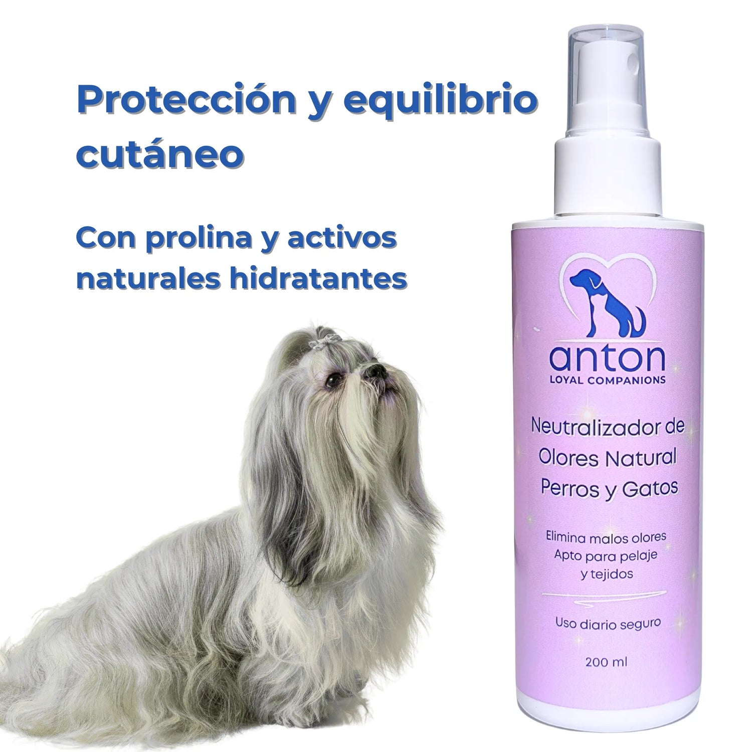 Spray ANTON neutralizador de olores con ingredientes que cuidan la piel del perro o gato