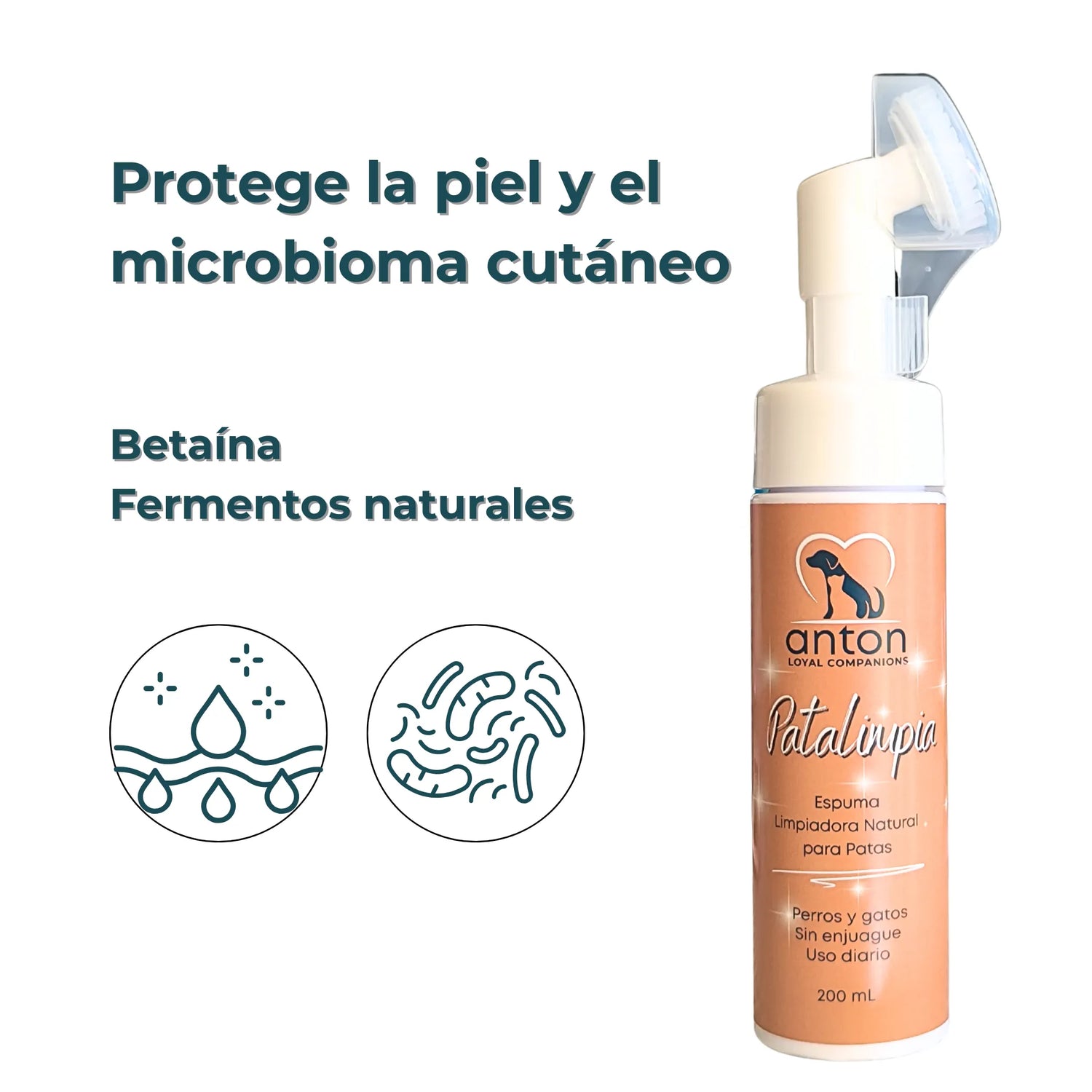 Espuma ANTON con ilustraciones de ingredientes naturales que cuidan la piel sensible