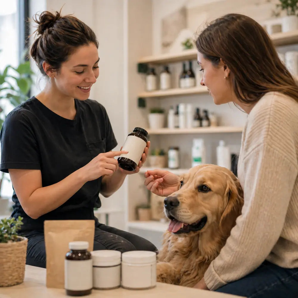 Profesional asesorando a cliente con perro sobre cuidado natural en consulta o tienda