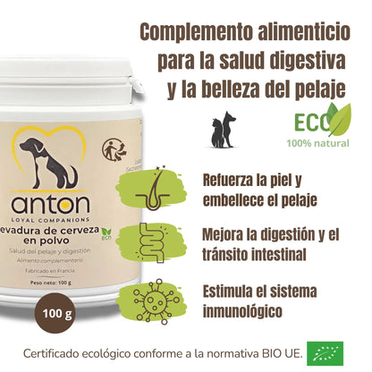 Mejora la digestión y el tránsito intestinal, refuerza la piel y embellece el pelaje de perros y gatos. Estimula el sistema inmunológico con un aporte natural de biotina, aminoácidos y probióticos. Certificado ecológico conforme a la normativa BIO UE.
