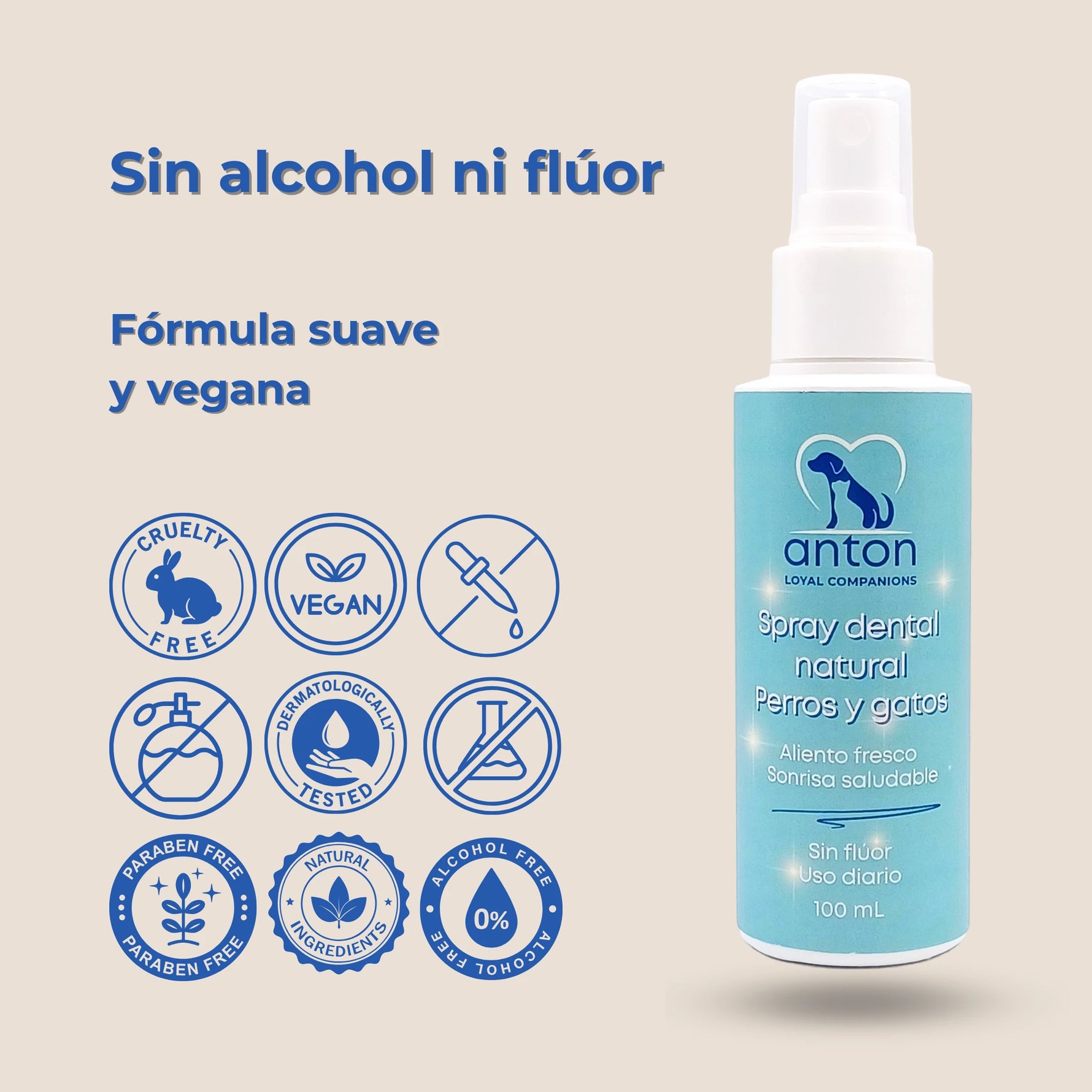 Envase spray dental natural ANTON Loyal Companions con sellos cruelty free, vegano y sin alcohol para higiene oral