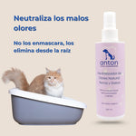 Gato en arenero junto al spray neutralizador de olores natural ANTON Loyal Companions para perros y gatos