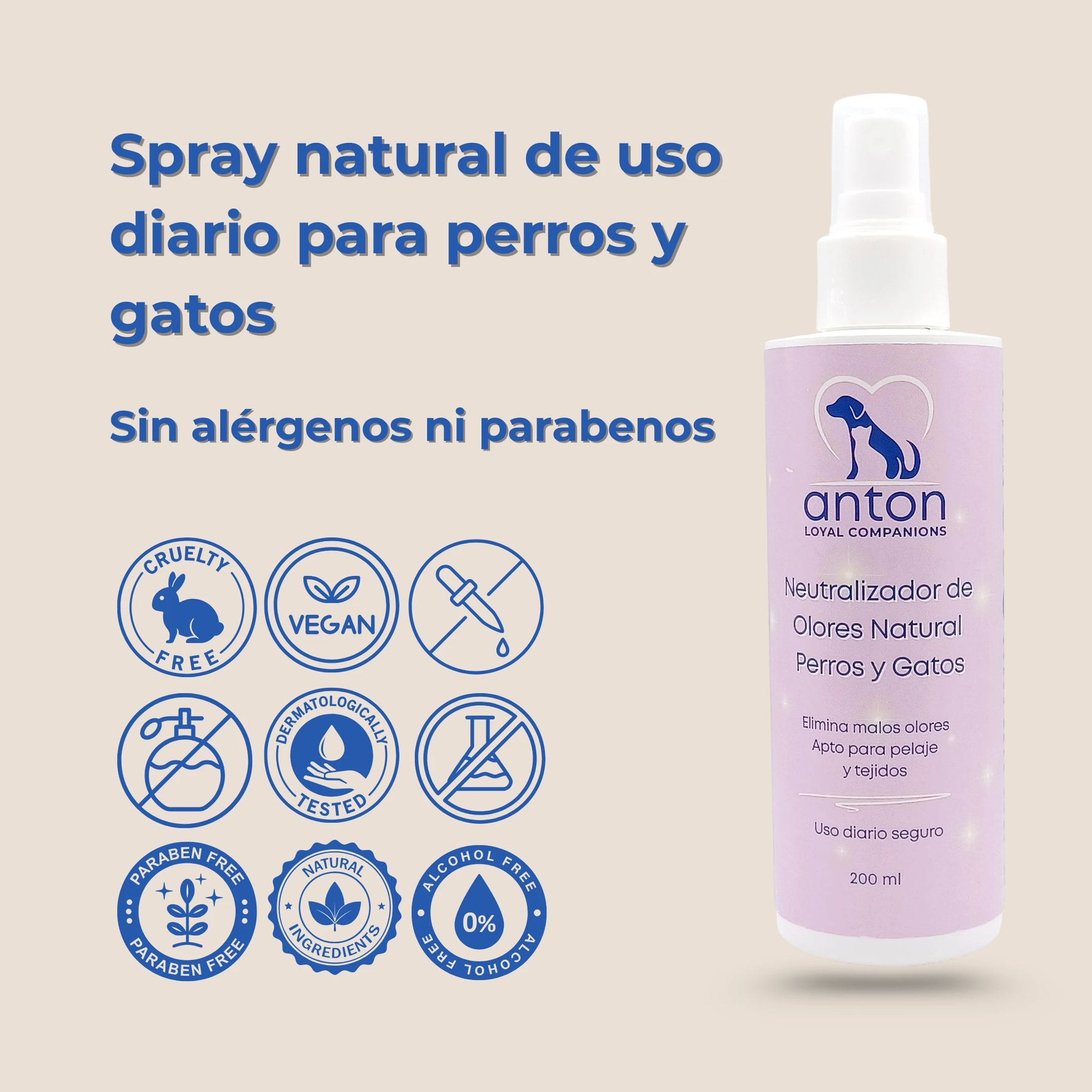 Envase neutralizador de olores natural 200 ml ANTON Loyal Companions con sellos cruelty free, vegano y sin parabenos