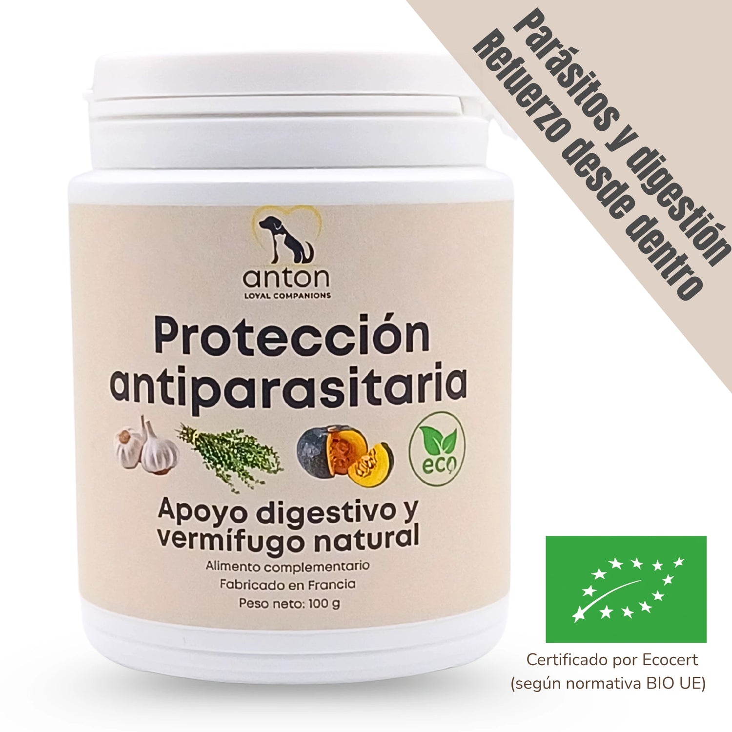 Suplemento natural para perros y gatos con acción antiparasitaria ecológica. Ayuda a proteger de forma natural contra parásitos internos sin químicos agresivos.