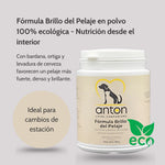 Fórmula ANTON Brillo del Pelaje ECO en polvo con bardana, ortiga y levadura de cerveza, ideal para cambios de estación
